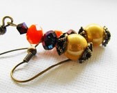 Dangle Earrings, Czech Glass, Fashion  Earrings, Yellow, Purple, Orange, Antiqued, Vintage Style