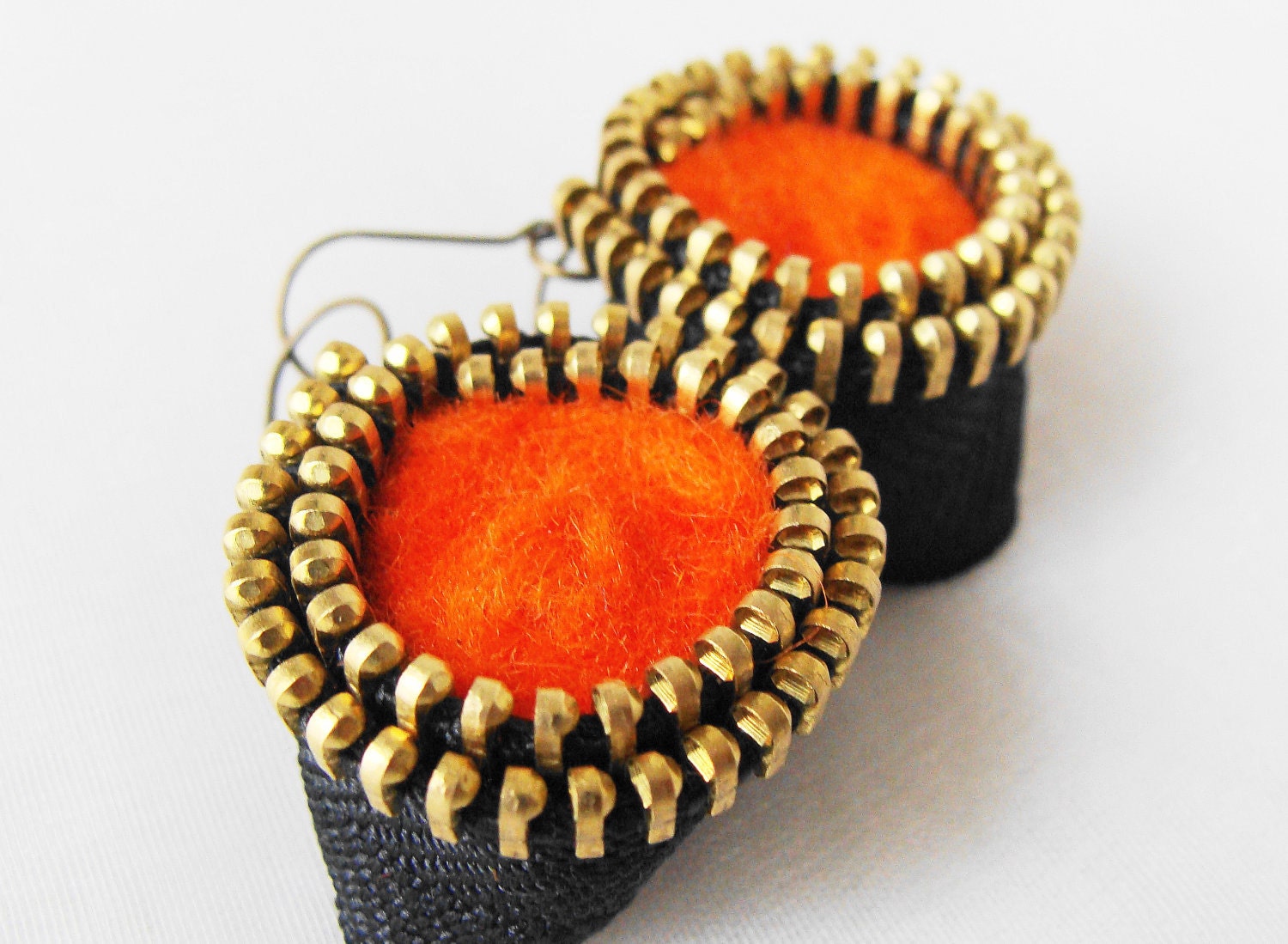 Felt Earrings, Zipper Earrings, Tangerine, Orange, Gold Pumpkin Spice