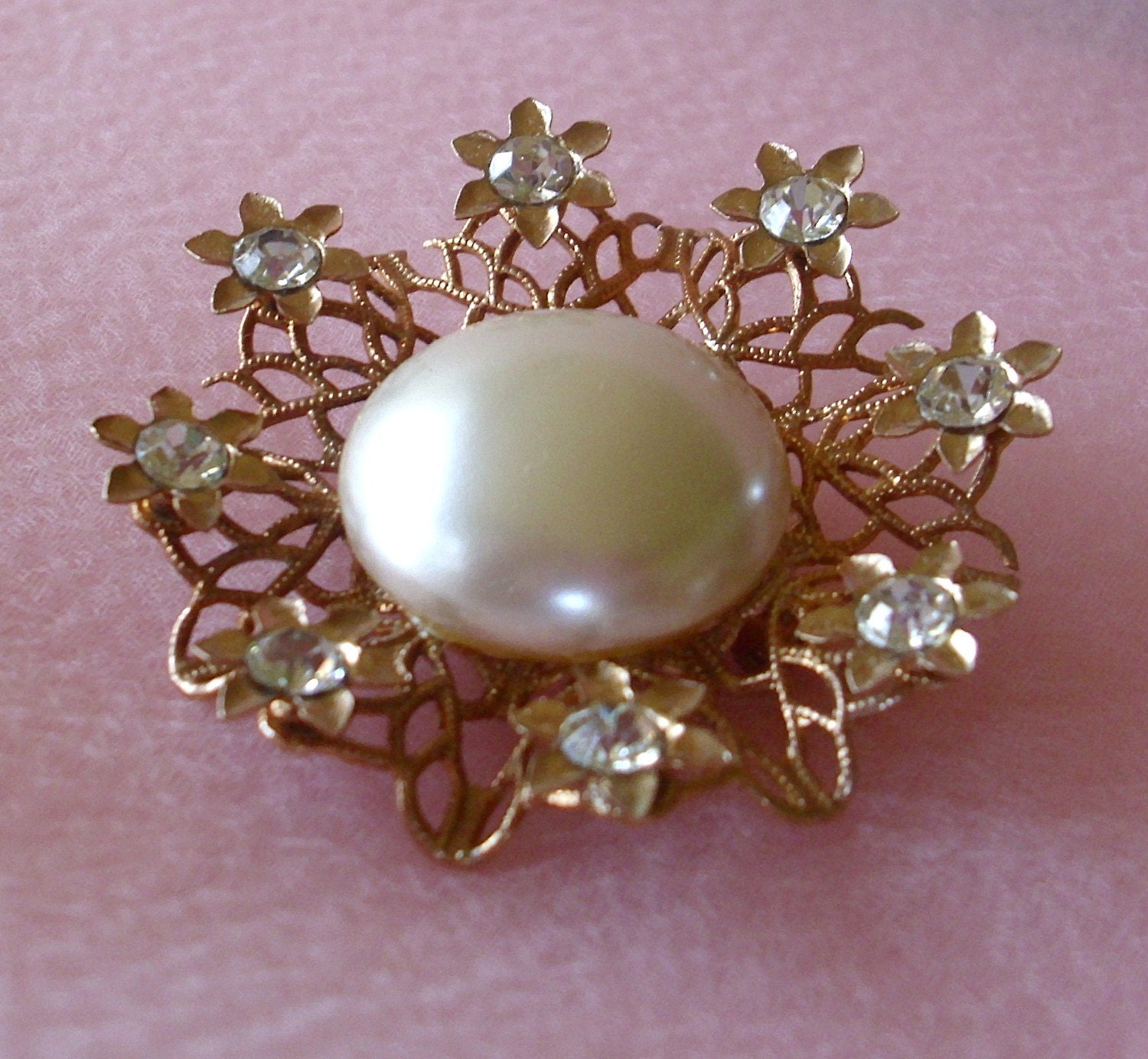 Vintage Floral Pearl and Rhinestone Pin Brooch