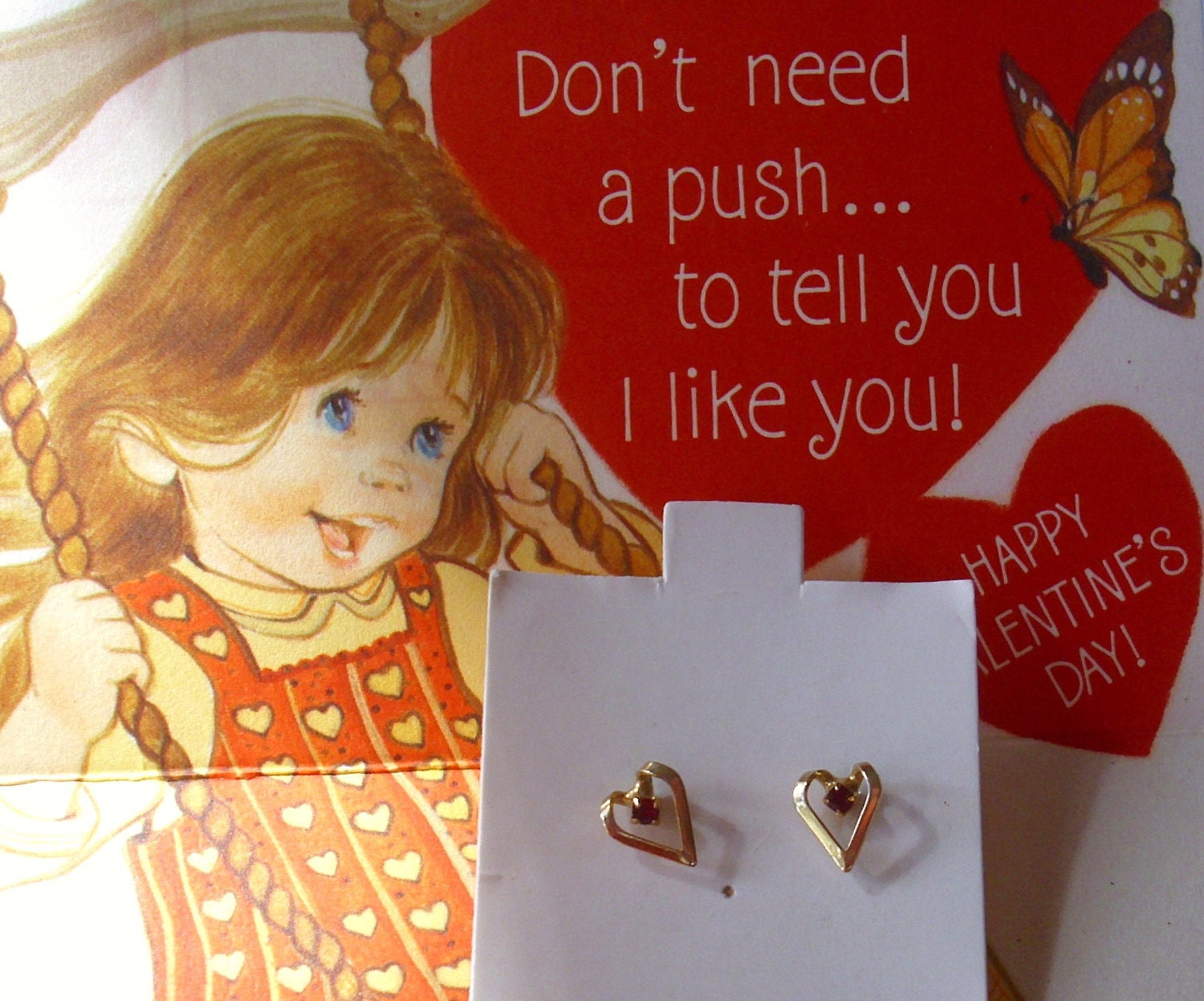 Vintage Red Rhinestone Heart Earrings