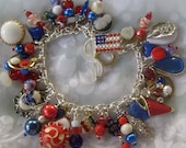 Red White and Blue Charm Bracelet and Patriotic Rhinestone Brooch