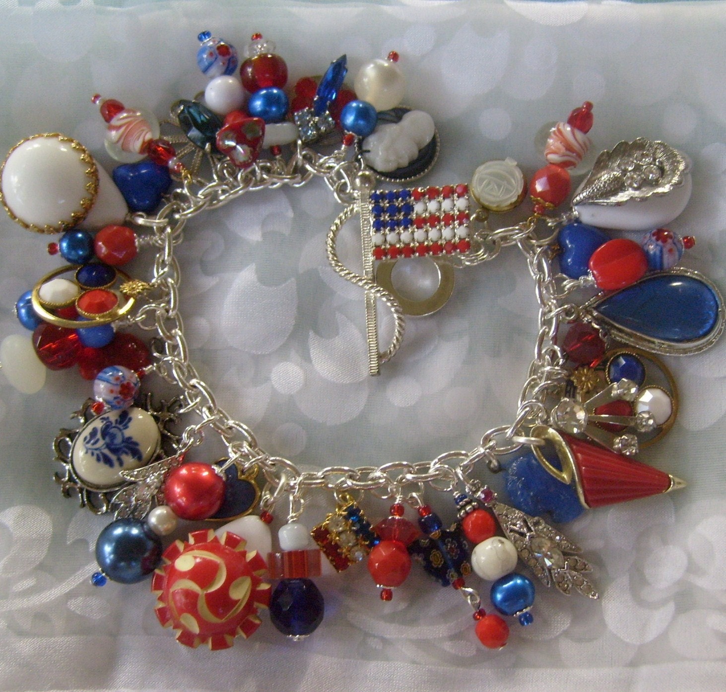 Red White and Blue Charm Bracelet and Patriotic Rhinestone Brooch