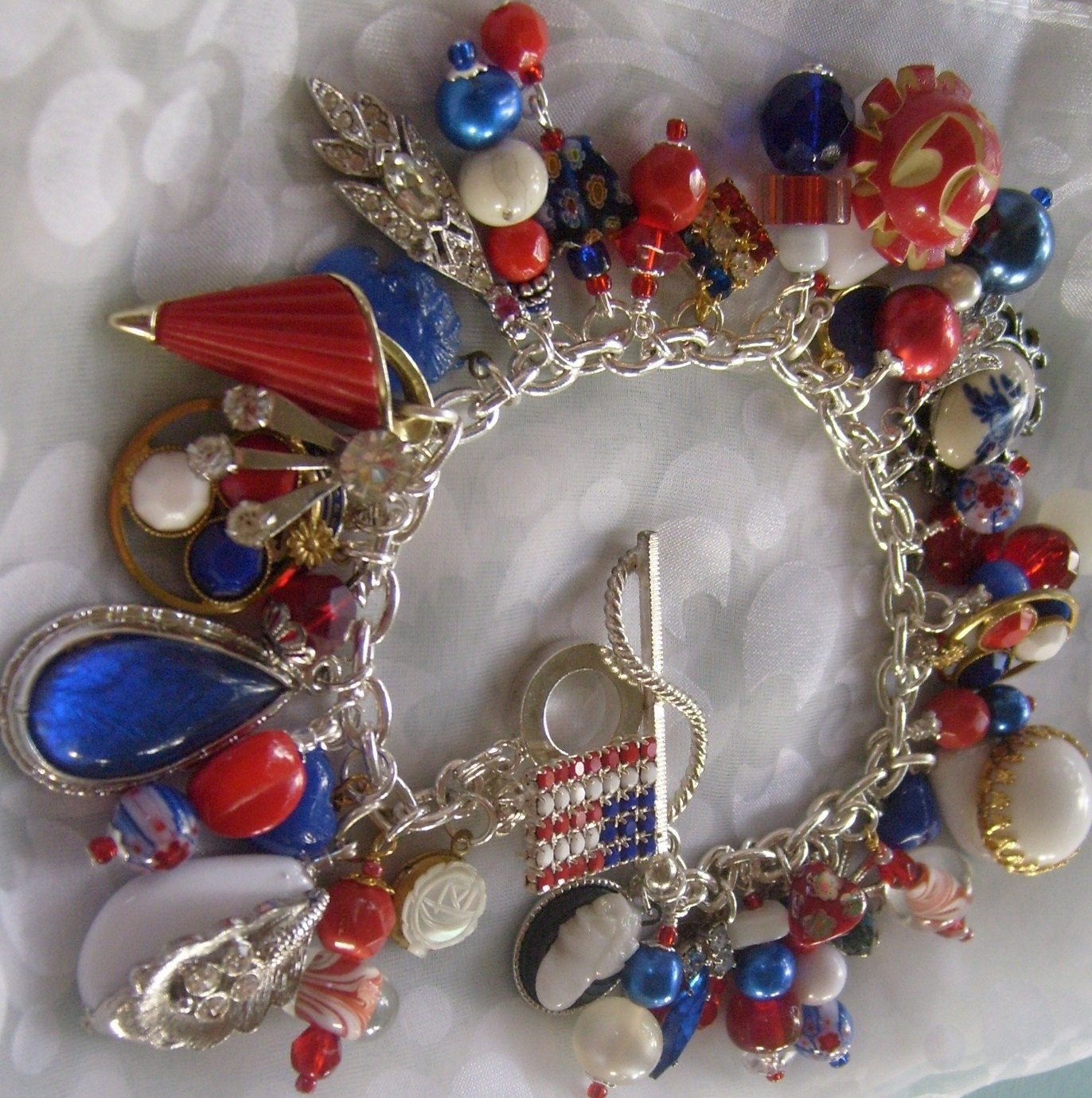 Red White and Blue Charm Bracelet and Patriotic Rhinestone Brooch