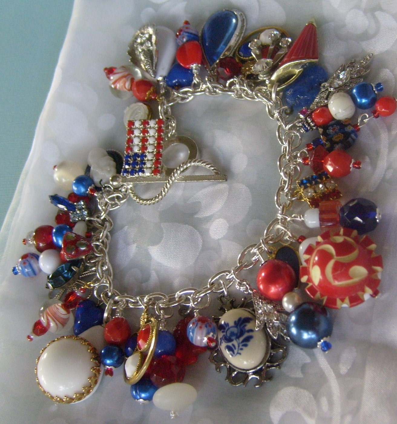 Red White and Blue Charm Bracelet and Patriotic Rhinestone Brooch
