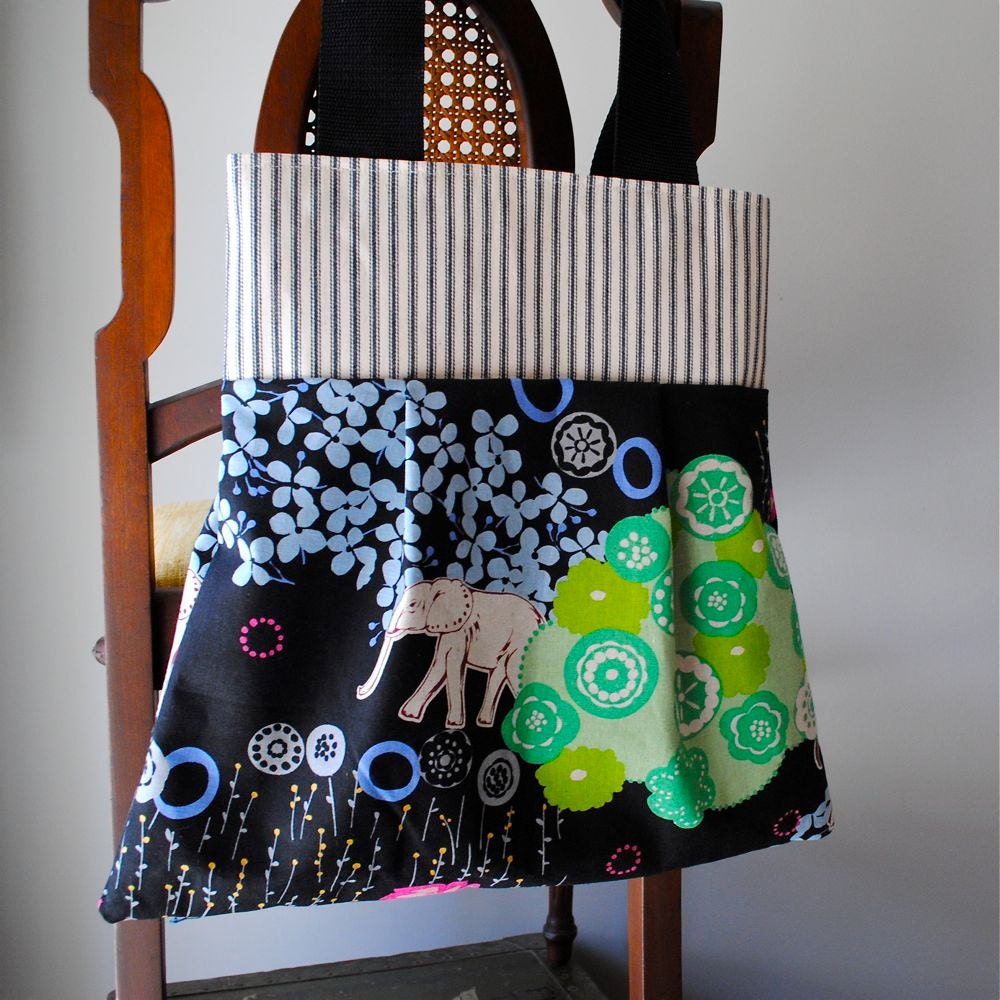 Louise Tote in Hidden Elephant - Japanese Textile Design - OOAK Shoulder Bag - Reversible - Washable