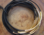 Handmade Black Leather Cord Bangles With Gold Plated Tubes