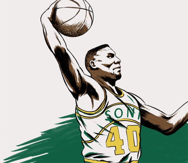 Basketball NBA Player Shawn Kemp of the Seattle SuperSonics NBA Illustration Print