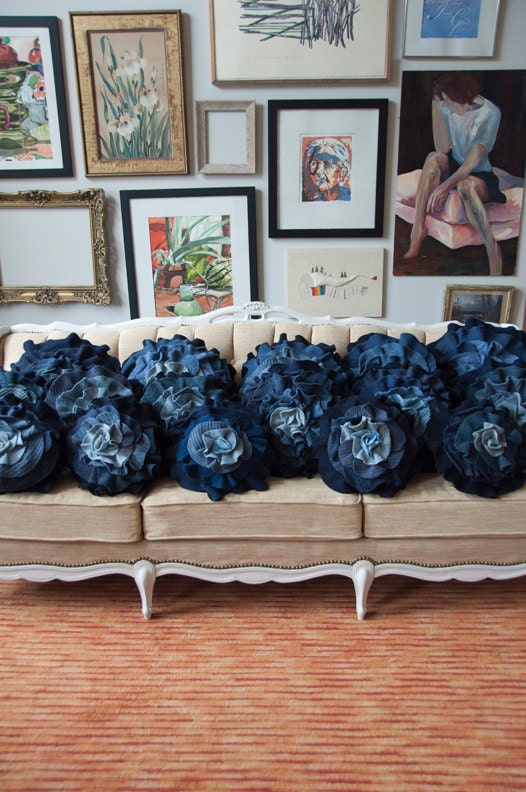 Navy Blue Ombre Ruffle Rose Pillow - Medium