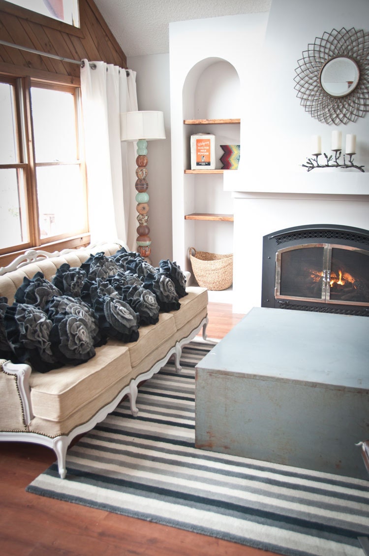 Charcoal Gray Ombre Ruffle Rose Pillow - Large