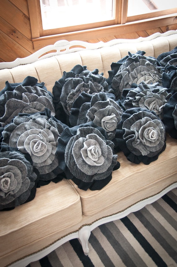 Charcoal Gray Ombre Ruffle Rose Pillow - Medium