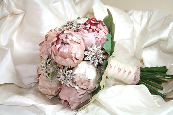 Bridal bouquet Made to order -Forever Spring -Whimsical Delights Collection - Handmade pure silk flowers and sparkling rhinestone brooches