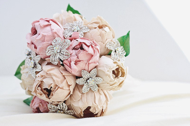Wedding bouquet SAMPLE SALE - Forever Spring -Whimsical Delights Collection - Handmade pure silk flowers and sparkling rhinestone brooches