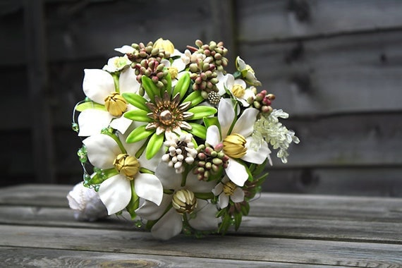 The Rite of Spring II - Vintage designer Brooch Bouquet in Green and White