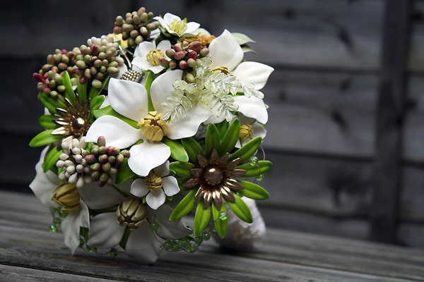 The Rite of Spring II - Vintage designer Brooch Bouquet in Green and White