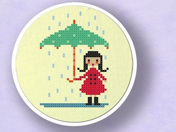 Cute Umbrella Girl. Cross Stitch PDF Pattern