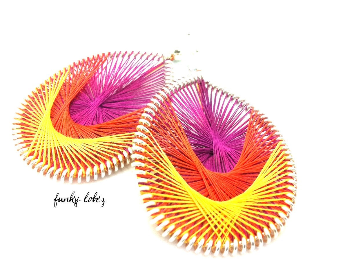 BLOOM- Hot Pink, Orange and Yellow thread earrings by Funky Lobez
