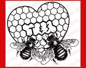 Two Bees and Honeycomb Heart Custom rubber stamp - Personalized  - Valentines Day, Weddings and Save the Dates - by Blossom Stamps