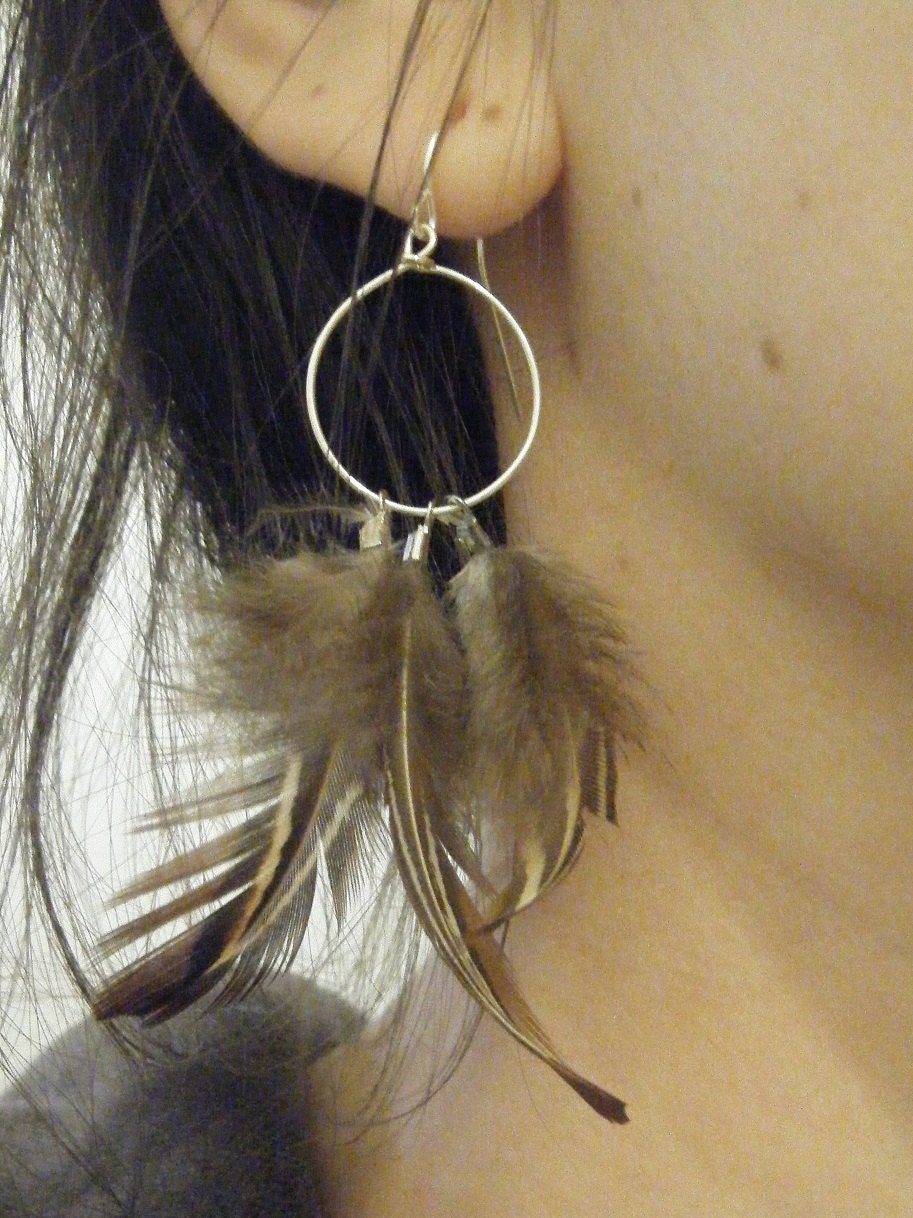 Brown Feather Hoop Earrings Hippie Fashion