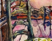Watercolor Painting of Chair - Abstraction of Skittles - Pink and Green Interior Illustration - Watercolor and Ink on Paper
