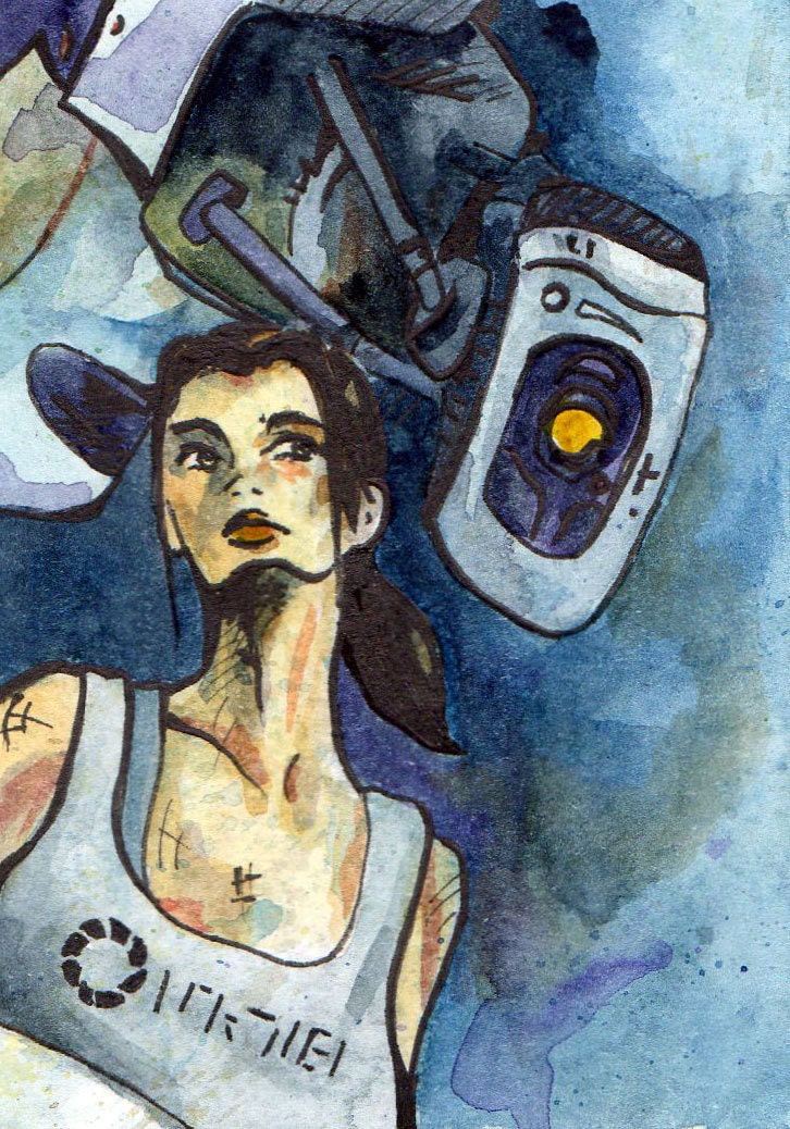 Portal Chell and Glados Print - Reproduction of Original Watercolor and Ink Painting - This Sentence is a Lie