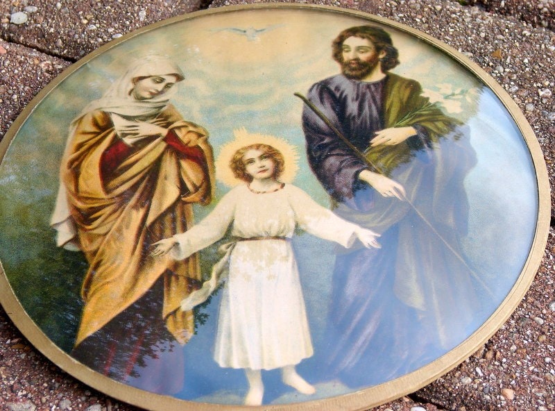 Vintage Holy Family Round Convex Glass Framed Print