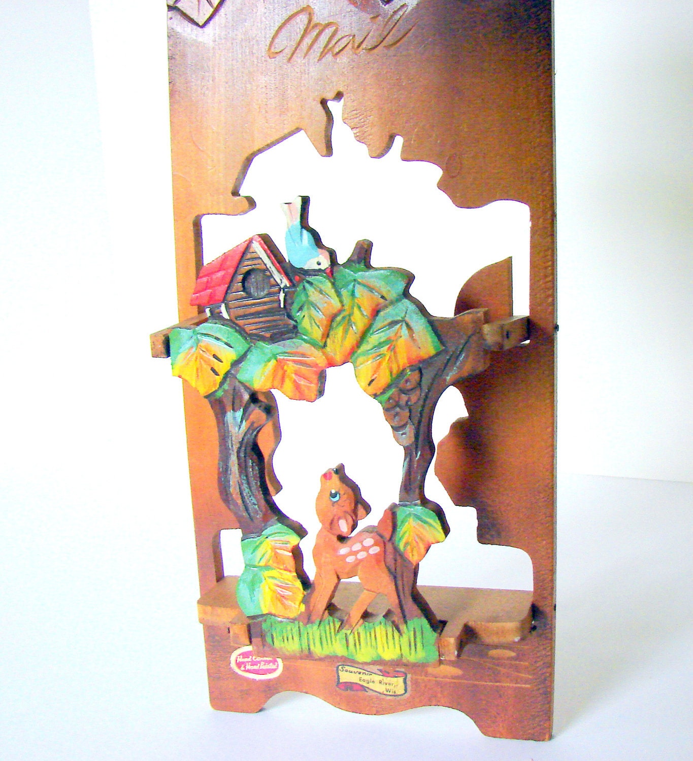 Vintage Fawn and Bird Woodland Folding Mail Holder Souvenir from Eagle River