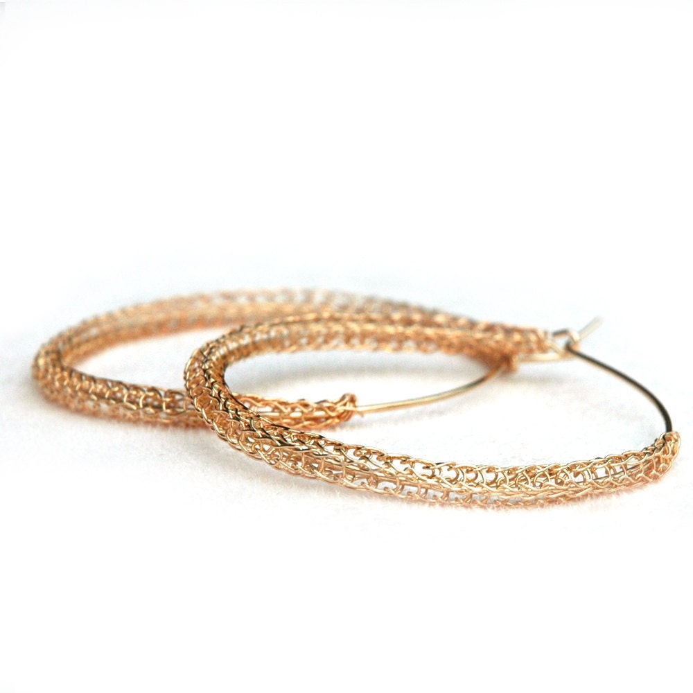 Rose Gold HOOP earrings Large gypsy rose gold hoops Wire crochet jewellery Unique hoops Knitted hoops