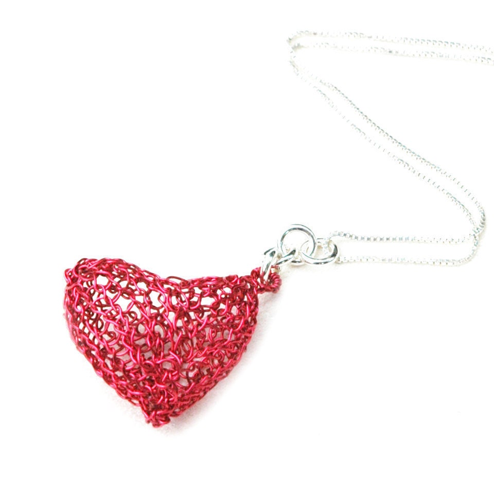 Heart pendant necklace, wire crochet  RED charm necklace , silver chain