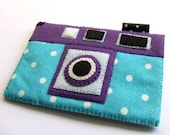 Purple Summer  Blue Polka Dots Camera iPhone Felt Case. Retro style. Gift for her.