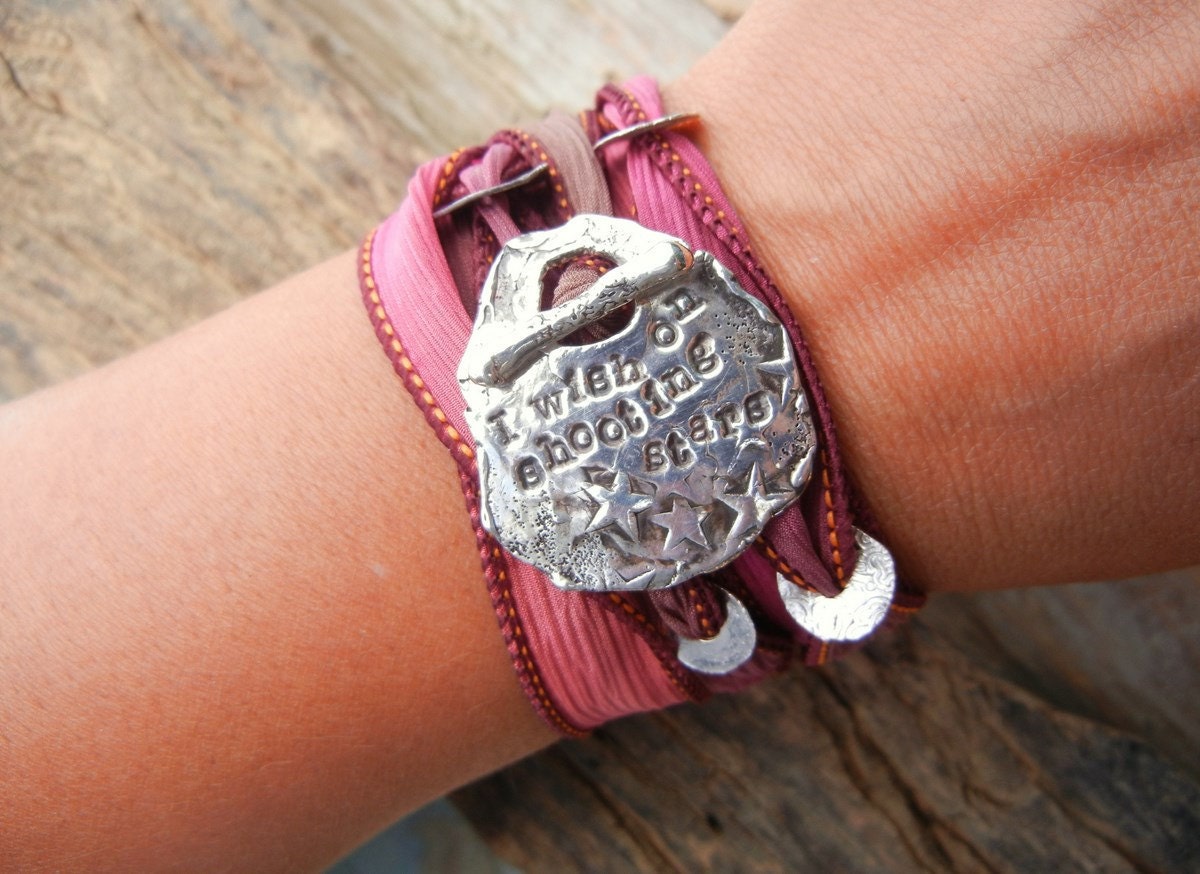 21st Birthday Gift for Women, Hand Made Silver Jewelry, Inspirational Quote, Silk Ribbon Adjustable Bracelet, Hot Pink, Choose Color