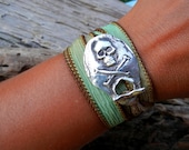 Pirate Jewelry, Hand Dyed Silk Ribbon Bracelet, Yoga Style Adjustable Wrist Wrap, Jolly Roger Flag Artisan Pure Silver Toggle Clasp - HappyGoLicky