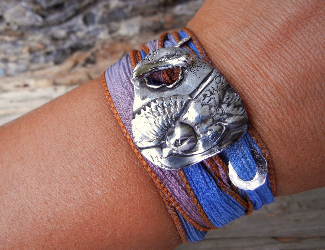 Bird Jewelry, Bird Lover's Gift for Her, Wrap Bracelet, Eco Friendly Recycled Fine Silver Toggle Clasp, Silk Ribbon, HappyGoLicky ORIGINAL