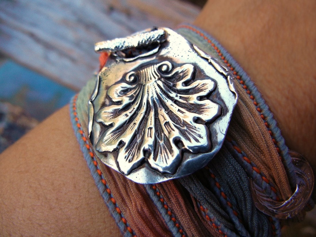 Silver Bracelet, Sterling Silver Unique Jewelry, Fine Jewelry Silk Wrap Bracelet, Ornate Shell Design, Hand Made Jewelry, Orange n Gray