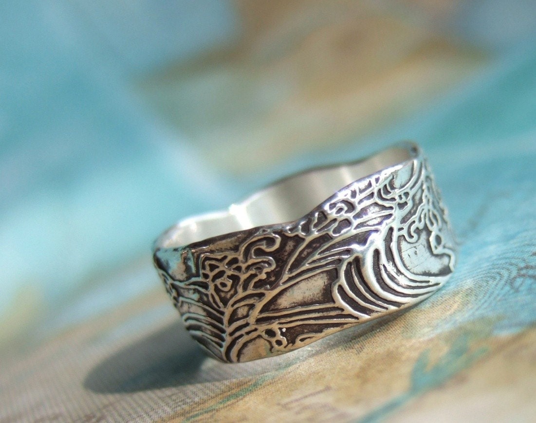 Eco Friendly Jewelry Gift for Her, Recycled Silver Ring, Ocean Waves, Custom Sizes 4 5 6 7 8 9 10 11 12 13 14 15, Personalized Option