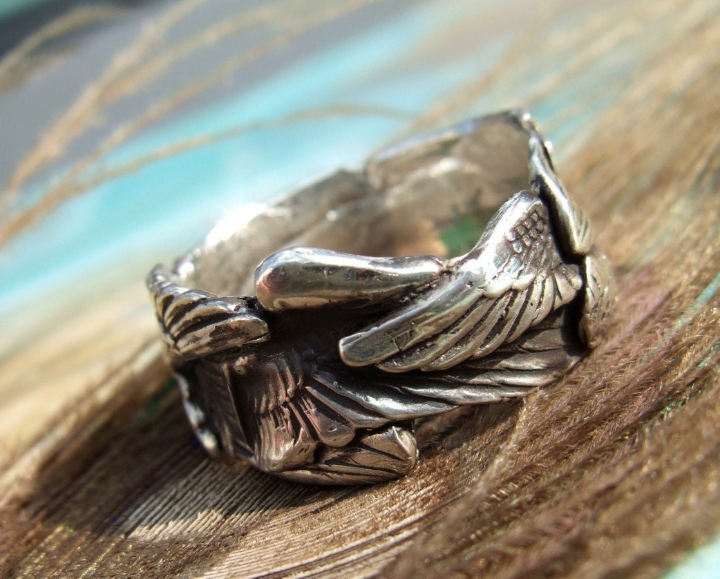 Unique Silver Jewelry, Silver Ring, Gathered Wings, Custom Size Ring in Oxidized Fine Silver, Whole Half Sizes 4 5 6 7 8 9 10 11 12 13 14 15