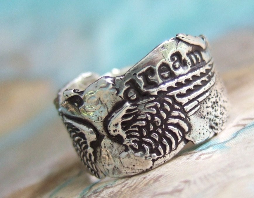 Silver Wings Ring, Inspirational Quote Jewelry, Hand Stamped Metal, Size 5 6 7 8 9 10 11 12 13 14 15, Custom Personalized Jewelry