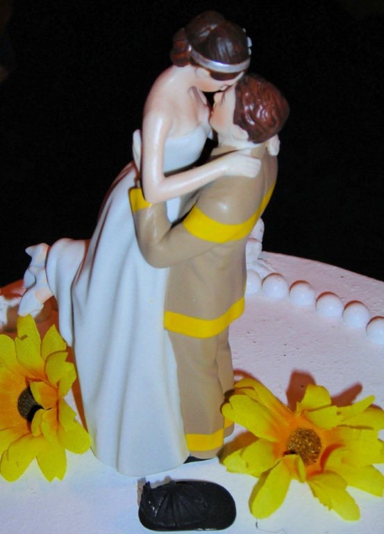 Fireman firefighter  fire department  Wedding Cake Topper kiss groom lift bride