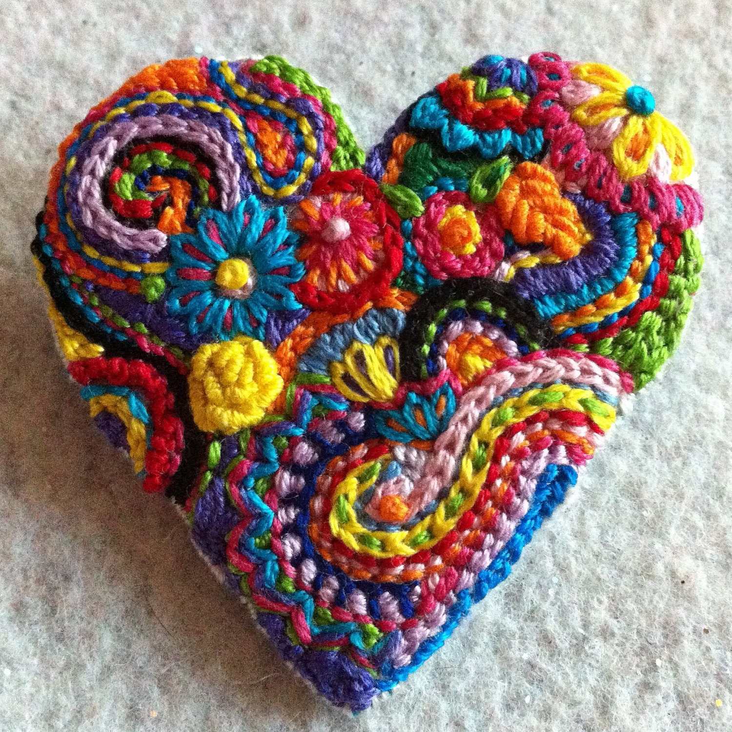 Freeform embroidery bright floral Heart brooch