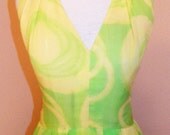 1960's Ombre Tye Dye SILK CHIFFON Cocktail Halter Dress Vintage 50's 60's Mad Men MOD  Lime Yellow Designer Party Dress And Jacket Ensemble