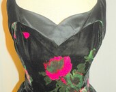 1950's INCREDIBLE Red Cut Velvet ROSES Cocktail Bubble Dress Vintage 50's Satin Bow Mad Men Couture Rose Print Bombshell Party Dress