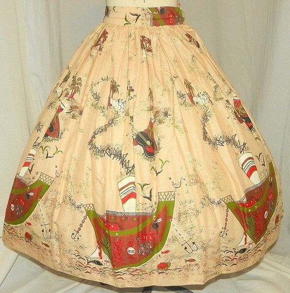 RESERVED For Daisy 1950's Island NOVELTY Print Skirt Vintage 50's Nautical Ship  Kitsch Palm Tree Islander Printed Jamaican Dress Skirt