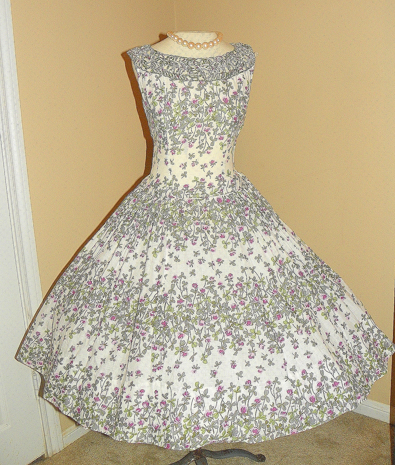 RESERVED FOR CHRISTINE-- 1950's  Purple Rose Print Cotton Party Dress Vintage 50's Roses Party Dress