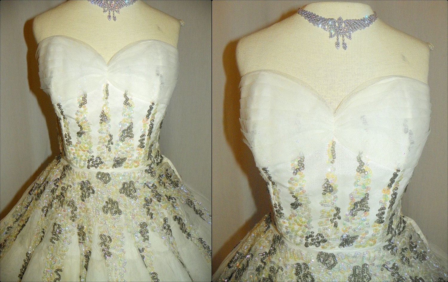 RESERVED For Erin 1950's White Silk Tulle SEQUIN Party Dress Vintage 50's Bridal Couture Formal Bombshell Gown Cocktail Wedding Dress