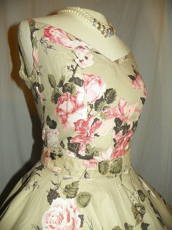RESERVED--1950's PINK ROSE Print Cotton Cocktail Dress Set Vintage 50's Wedding Floral Novelty Print Skirt Top Party Dress and Petti