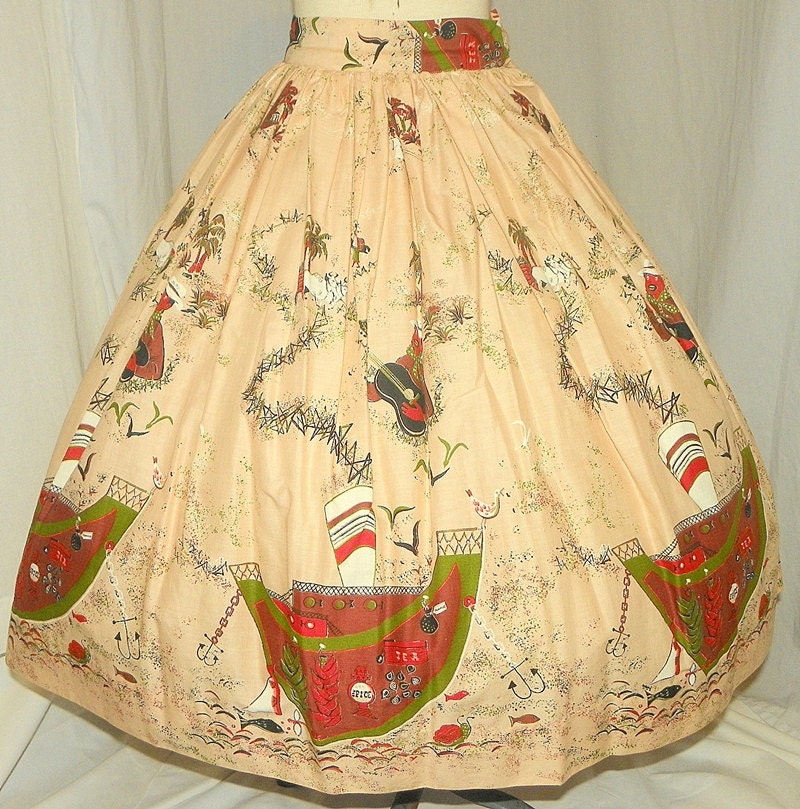 RESERVED For Daisy 1950's Island NOVELTY Print Skirt Vintage 50's Nautical Ship  Kitsch Palm Tree Islander Printed Jamaican Dress Skirt