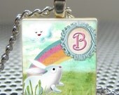 Pendant CUTE BUNNY INITIAL (your choice) - Necklace Charm handmade with Scrabble Wood Tile ... Jewelry Art by Pieces Of Me Pendants