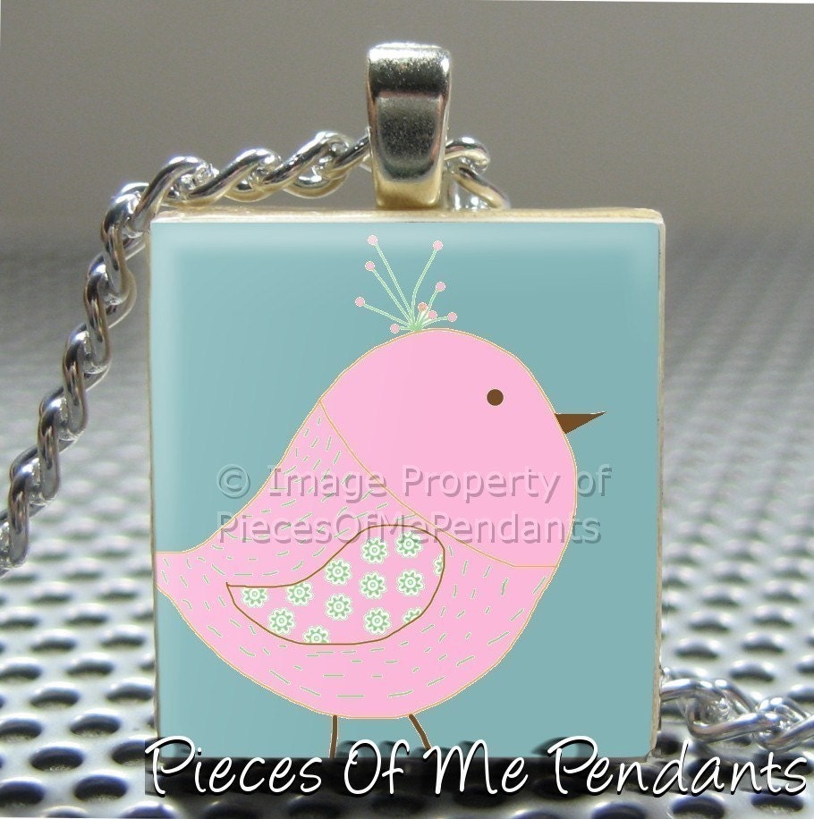 Pendant PRETTY PINK BIRD - Necklace Charm handmade with Scrabble Wood Tile ... Jewelry Art by Pieces Of Me Pendants