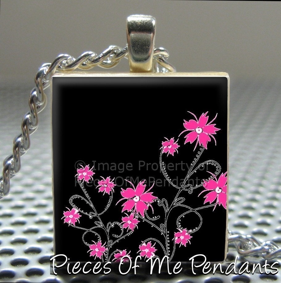 Pendant PINK FLOWERS (black) - Necklace Charm handmade with Scrabble Wood Tile ... Jewelry Art by Pieces Of Me Pendants