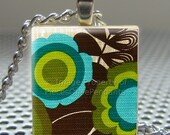 Pendant BLUE, TEAL and GREEN flowers - Necklace Charm handmade with Scrabble Wood Tile ... Jewelry Art by Pieces Of Me Pendants