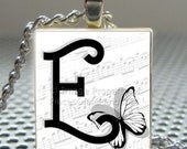 Pendant MUSIC SHEET BUTTERFLY Initial - Necklace Charm handmade with Scrabble Wood Tile ... Jewelry Art by Pieces Of Me Pendants